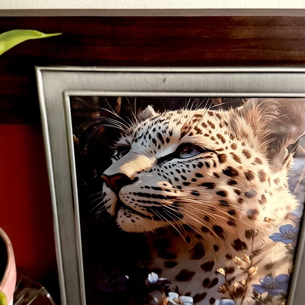 Leopard Blue Floral Animal Big Cat Canvas Art Print Silver Metal Framed Wall Art